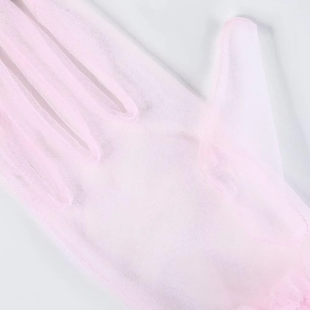 Women's Puffy Ruffle Pink Tulle Sheer Mesh Party Prom One Size Short Gloves